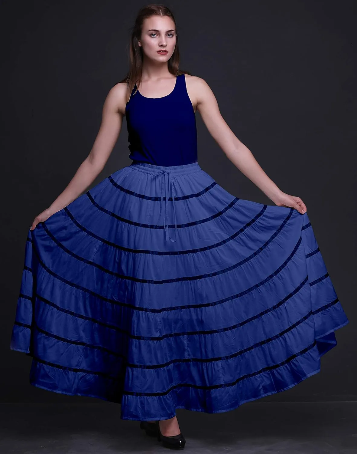 Solid Long Maxi Cotton Beach Wear Skirt for Women Elastic Waist Skirt Summer Wear