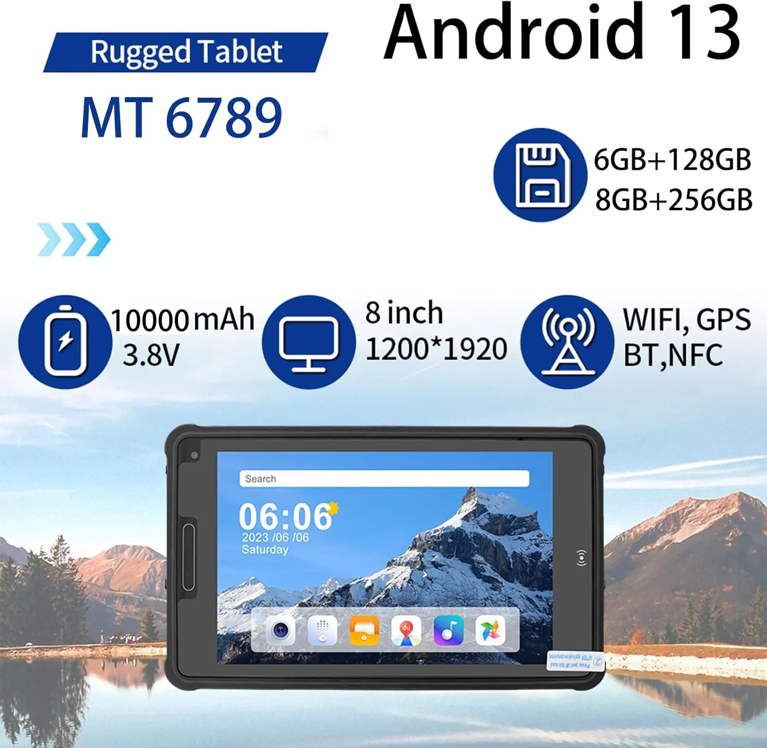 ST8-A7 Rugged Tablet, 8 inch Android 13 Industrial Tablet MTK MT6789, 6GB 128GB, IP65 Waterproof, 10000mAh, 4G LTE/WiFi/BT 5.0/NFC/GPS (8 256G, Standard Edition)