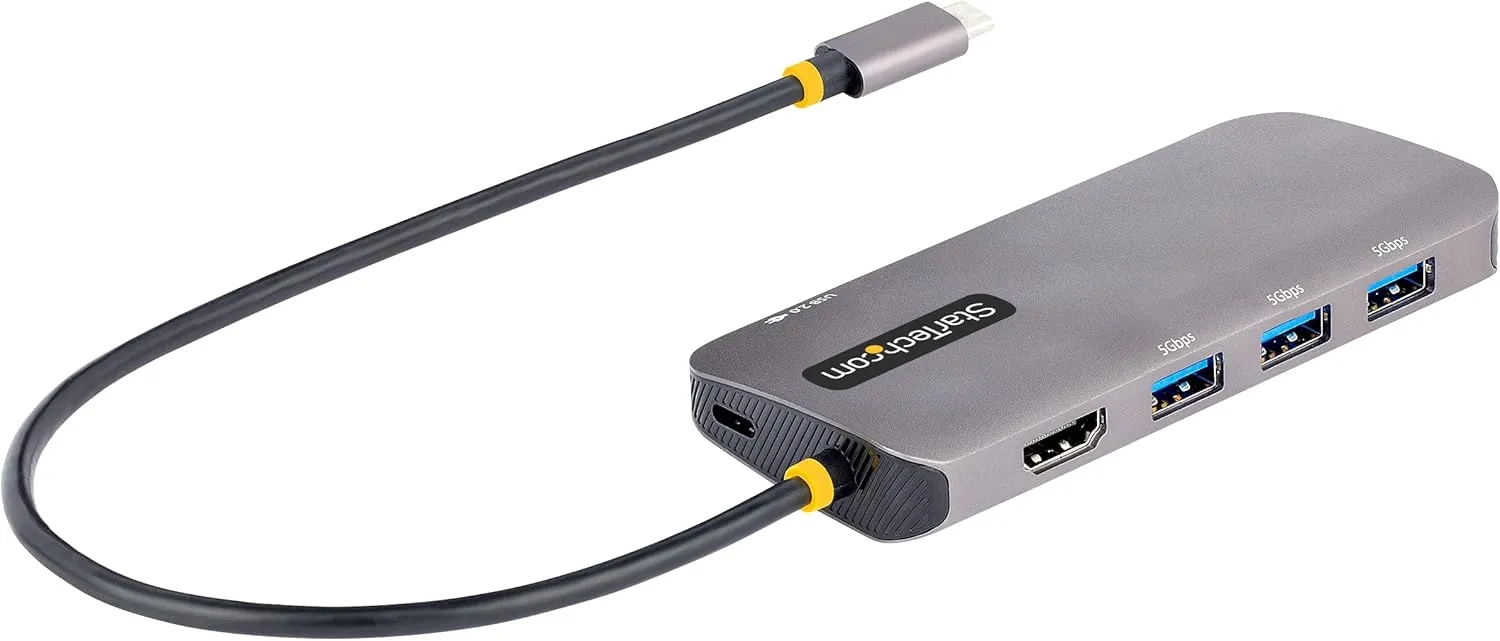 StarTech.com USB C Multiport Adapter, 4K 60Hz HDMI Video, 3 Port 5Gbps USB Hub, 100W Power Delivery Pass-Through, GbE, 12"/30cm Cable, Mini Travel Dock, Laptop Docking Station (127B-USBC-MULTIPORT)