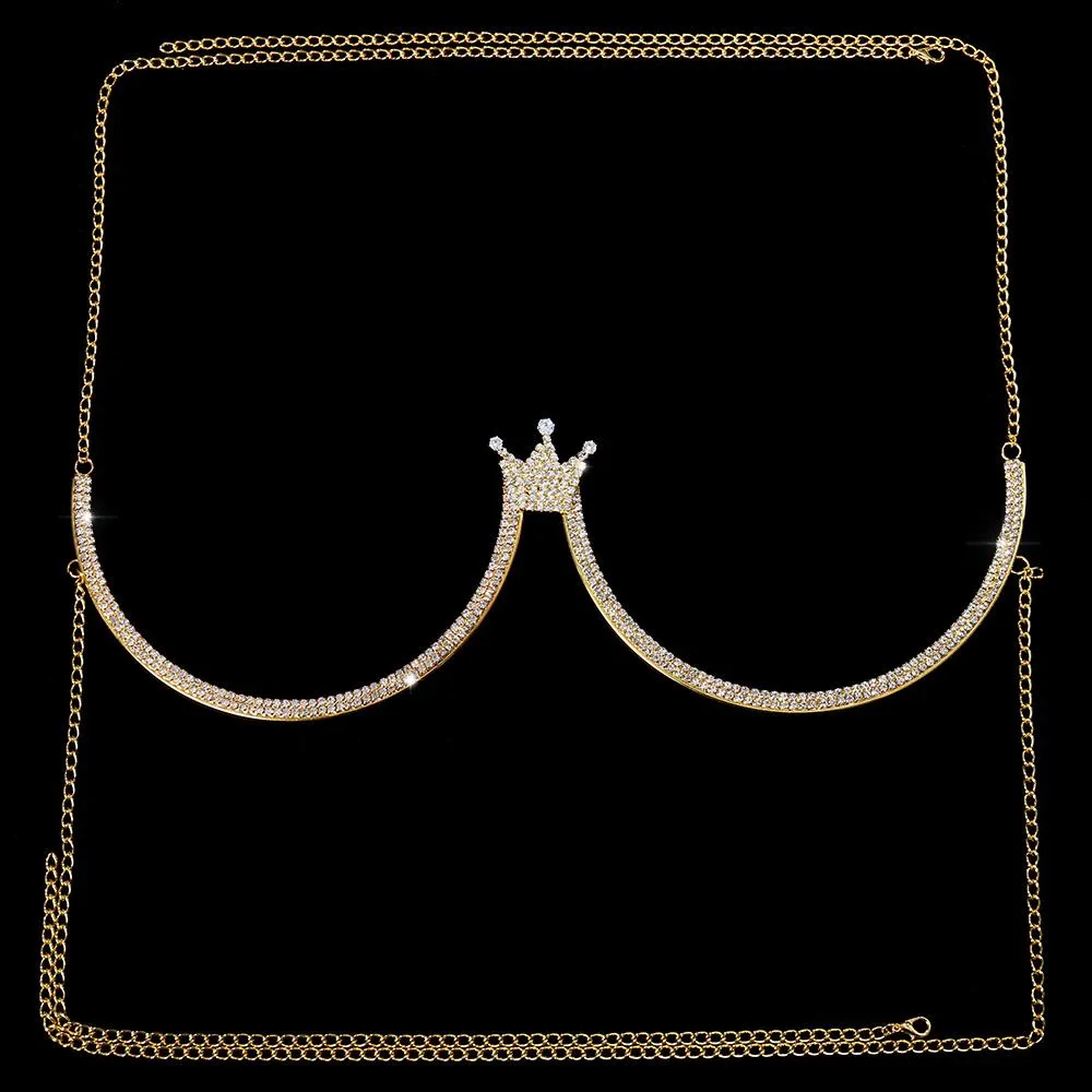 Stonefans Sexy Crown Chest Bracket Bras Chain Harness for Women Festival Clothing Rhinestone Chest Chain Necklace Body Jewelry