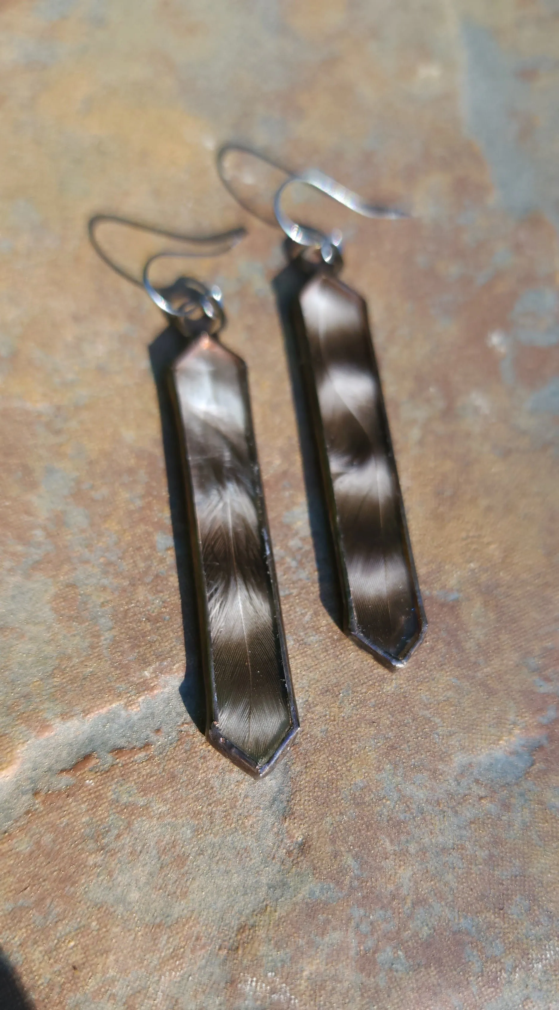 Striped Hen Feather Cathedral Earrings