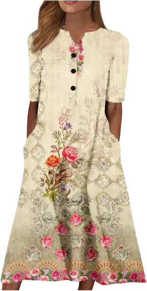 Summer Dresses for Women 2023 Casual Stripe Button V Neck Sleeveless Pocket Long Dress Floral Party Beach Sundress Midi Dress
