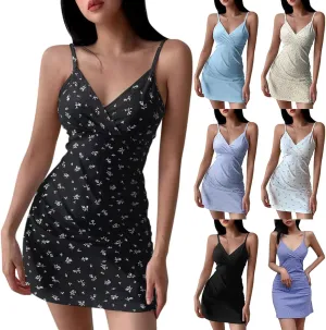 Summer Dresses for Women 2025 Boho Sexy Sleeveless Floral Print Tie Shoulder Cami Mini Dress A Line V-Neck Short Dresses