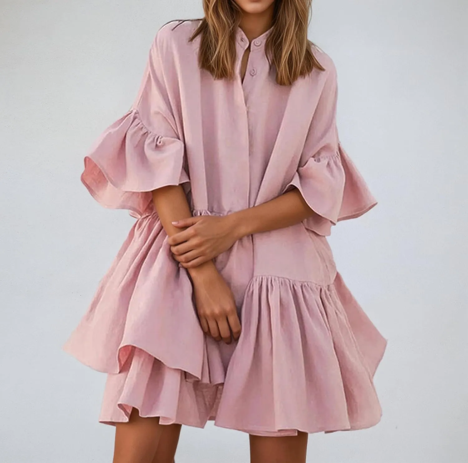 Summer Ruffle Midi Dress for Women Boho Half Sleeve Button Down Asymmetric Casual Flowy Beach Vacation Shirt Dress