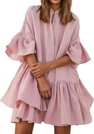 Summer Ruffle Midi Dress for Women Boho Half Sleeve Button Down Asymmetric Casual Flowy Beach Vacation Shirt Dress