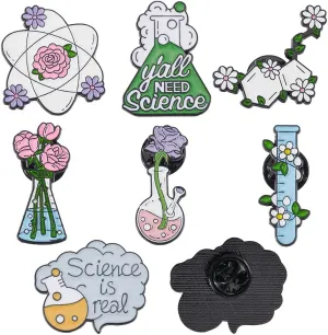 SUNNYCLUE 1 Box 14Pcs 7 Styles Chemistry Pins Bulk Science Brooch Metal Alloy Enamel Cartoon Scientist Chemistry Flower Laboratory Bottle Lapel Pin for Bag Clothes Hat Party School Decoration Supplies