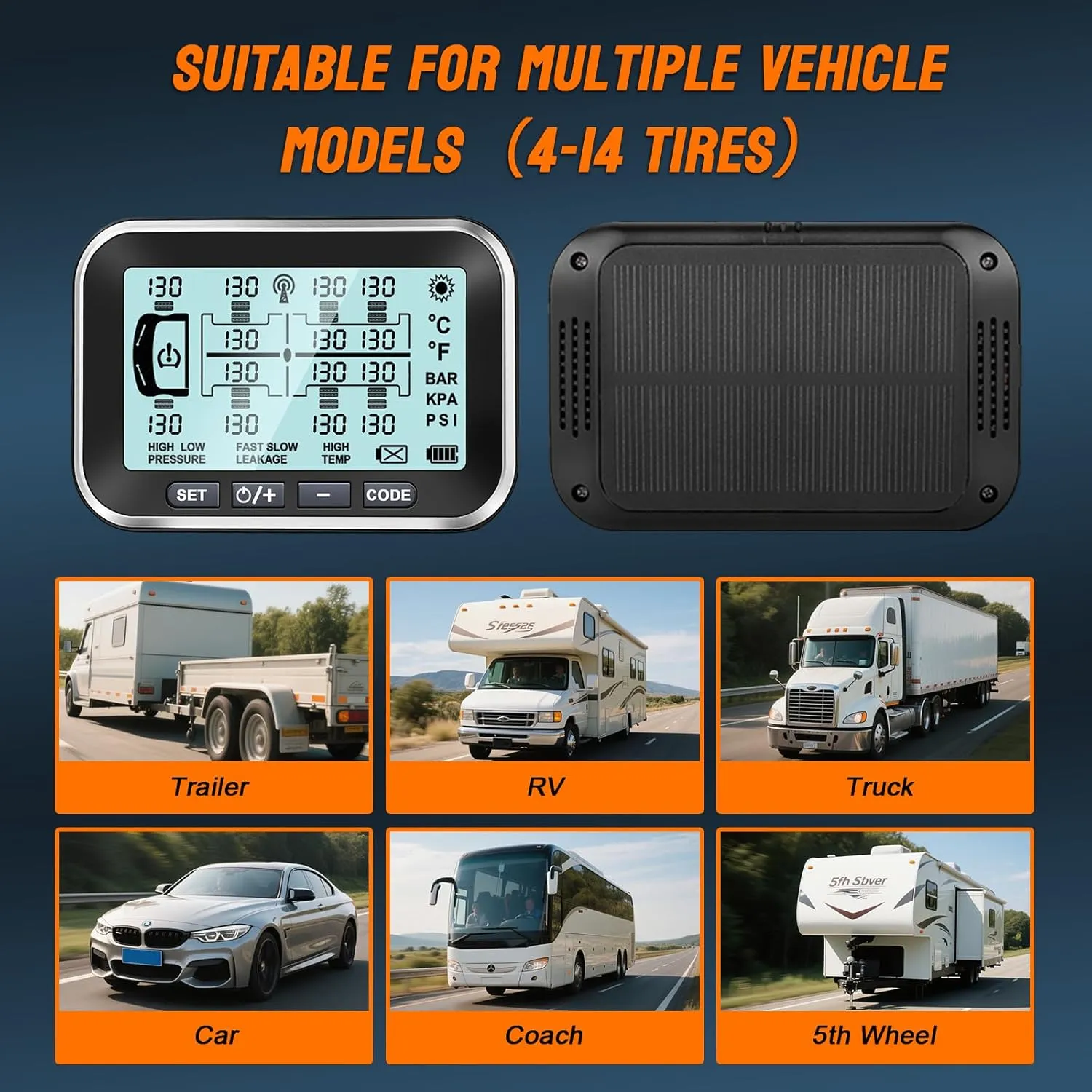 Trailer Tire Pressure Monitoring System 10 Sensors - 4.5" XL Solar Monitor w/ 0-199PSI, Taimster 6 Alerts, Signal Booster TPMS for Semi Truck/RV/Camper (4-14 Sensors)