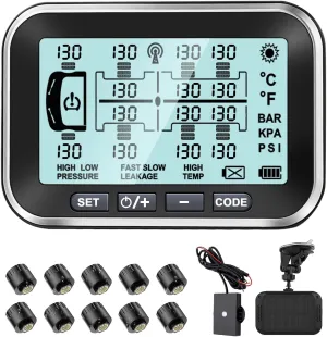 Trailer Tire Pressure Monitoring System 10 Sensors - 4.5" XL Solar Monitor w/ 0-199PSI, Taimster 6 Alerts, Signal Booster TPMS for Semi Truck/RV/Camper (4-14 Sensors)
