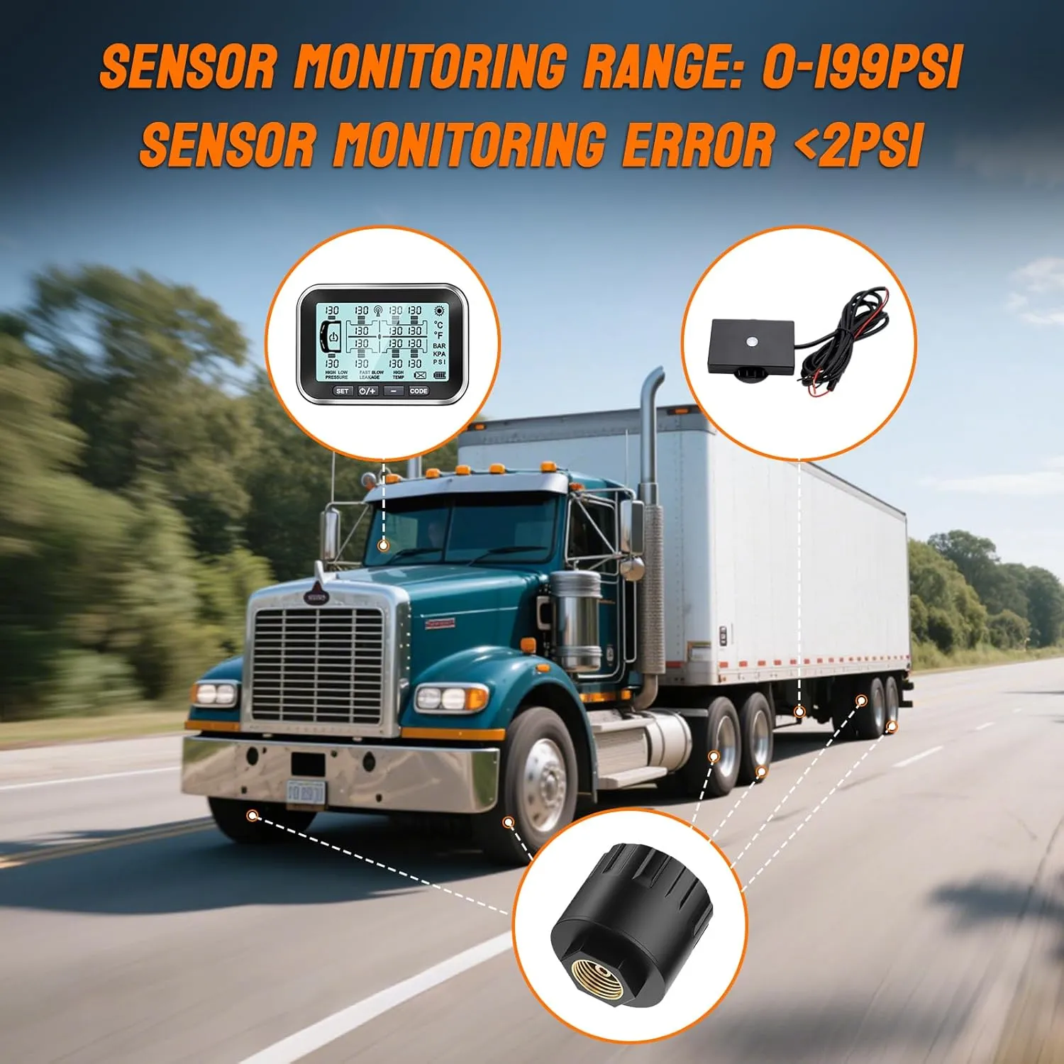 Trailer Tire Pressure Monitoring System 10 Sensors - 4.5" XL Solar Monitor w/ 0-199PSI, Taimster 6 Alerts, Signal Booster TPMS for Semi Truck/RV/Camper (4-14 Sensors)