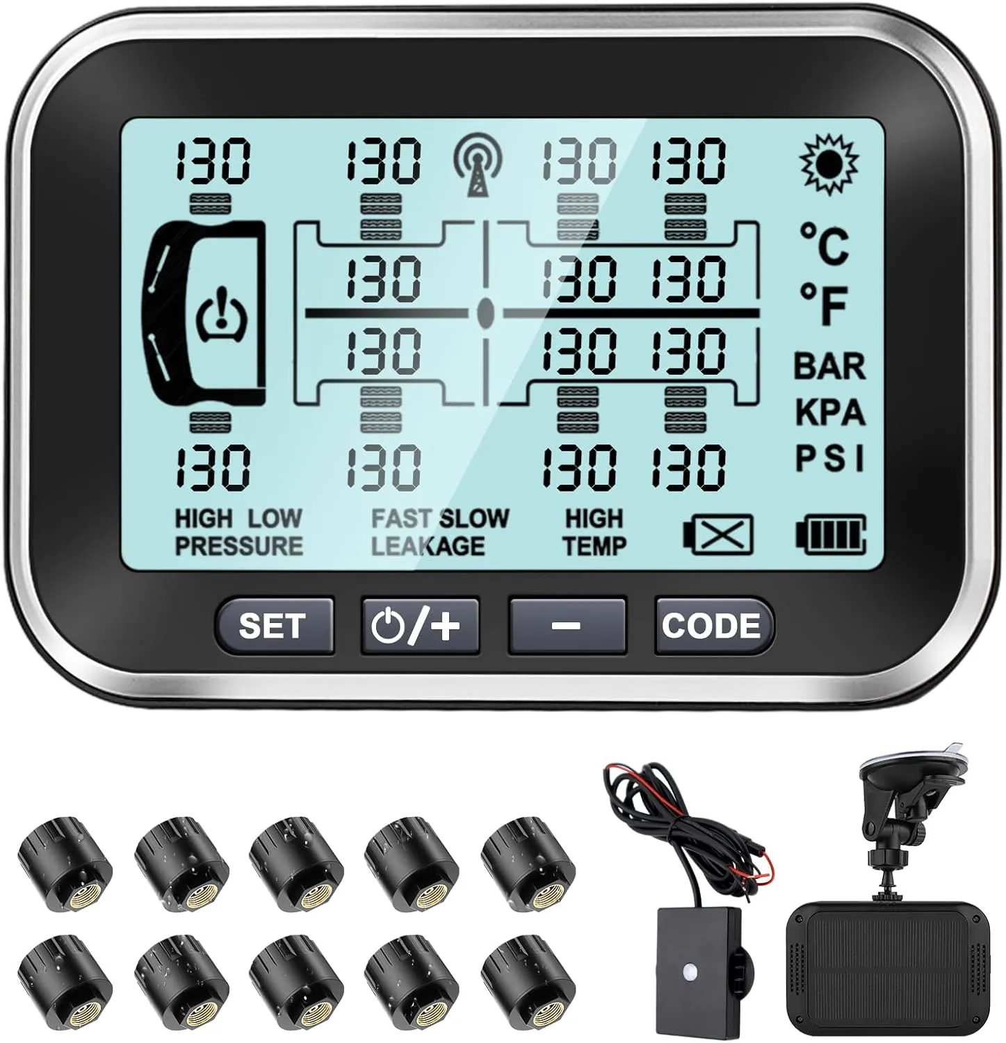 Trailer Tire Pressure Monitoring System 10 Sensors - 4.5" XL Solar Monitor w/ 0-199PSI, Taimster 6 Alerts, Signal Booster TPMS for Semi Truck/RV/Camper (4-14 Sensors)