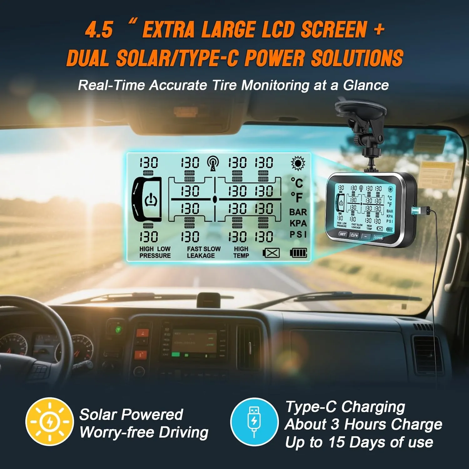 Trailer Tire Pressure Monitoring System 10 Sensors - 4.5" XL Solar Monitor w/ 0-199PSI, Taimster 6 Alerts, Signal Booster TPMS for Semi Truck/RV/Camper (4-14 Sensors)