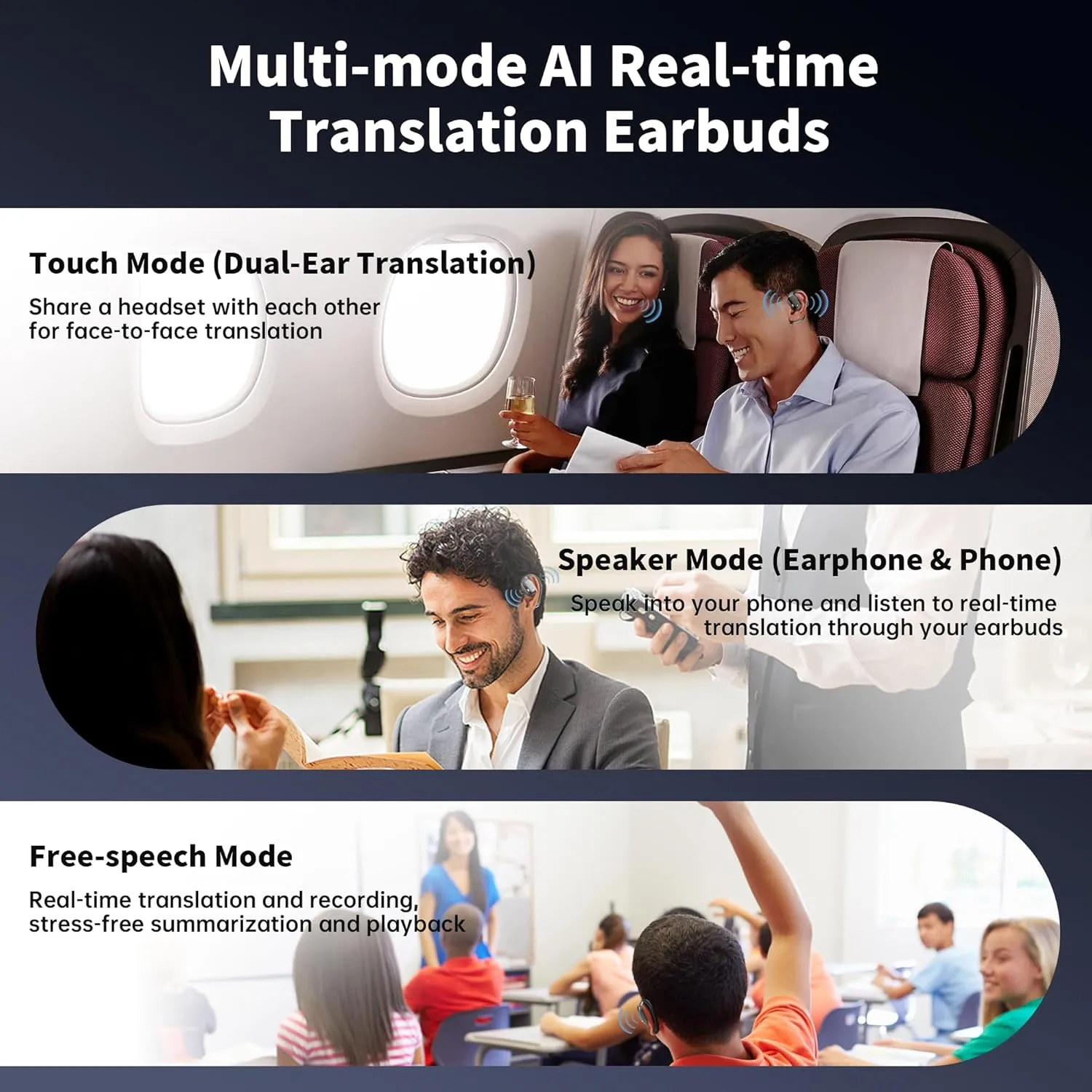 Translation Earbuds Real Time, 3-in-1 AI Translator Earbuds for 144 Languages,Bluetooth Wireless Earphone, Two-Way TWS Translator Device with APP Fit iOS and Android for Travel, Learning and Business