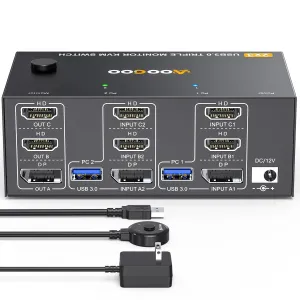 Triple Monitor KVM Switch 8K@60Hz 4K@144Hz HDMI DP USB 3.0 Switch Extended Display 3 Monitors 2 Computers KVM with USB 3.0 Cables Wired Controller
