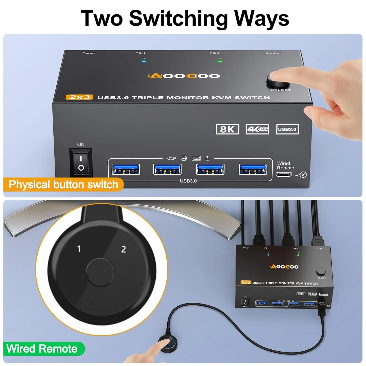 Triple Monitor KVM Switch 8K@60Hz 4K@144Hz HDMI DP USB 3.0 Switch Extended Display 3 Monitors 2 Computers KVM with USB 3.0 Cables Wired Controller