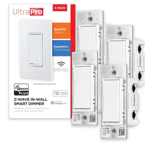 UltraPro 700 Series Z-Wave in-Wall Smart Rocker Light Dimmer with QuickFit & SimpleWire, 3-Way Ready, Works with Alexa, Google Assistant, Z-Wave Hub Required, Smart Home, Voice Control, 4 Pack, 59373