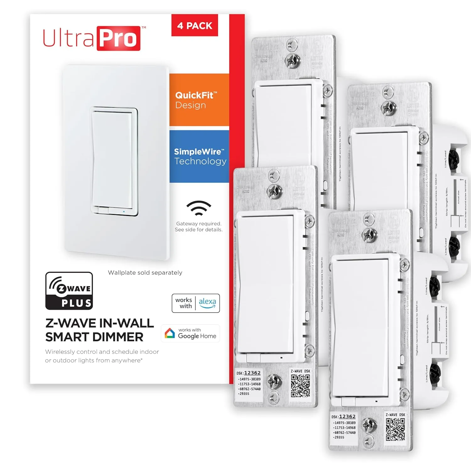 UltraPro 700 Series Z-Wave in-Wall Smart Rocker Light Dimmer with QuickFit & SimpleWire, 3-Way Ready, Works with Alexa, Google Assistant, Z-Wave Hub Required, Smart Home, Voice Control, 4 Pack, 59373