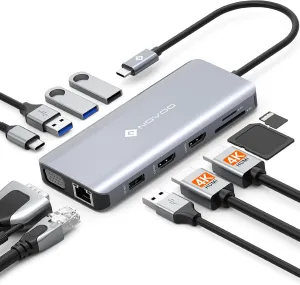 USB C Docking Station Dual HDMI Adapter, 11 in 1 Multi Display Docking Station Dual Monitor with 2 HDMI, VGA, 100W PD, 4 USB, USB C Hub Multiport Dongle Compatible with MacBook/Dell/HP/Lenovo Laptops
