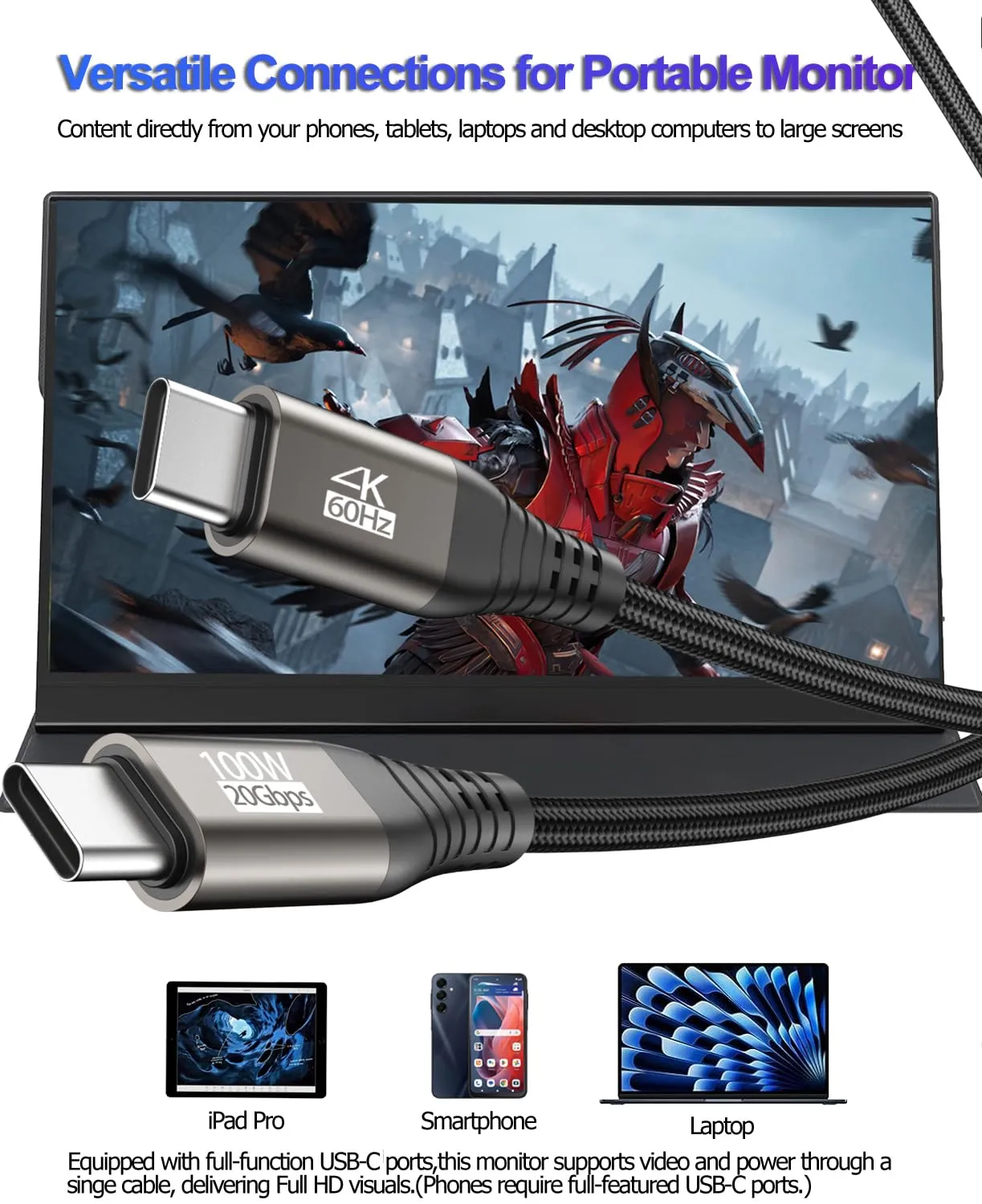 USB C Monitor Display Cable 10FT, USBC Video Cord 4K@60Hz, USB C 3.2 Gen 2X2 Data Cable 20Gbps, USBC 100W Fast Charging for VR,Smartphone,Laptop,iPad, ARZOPA,KYY, Portable Monitor, LG