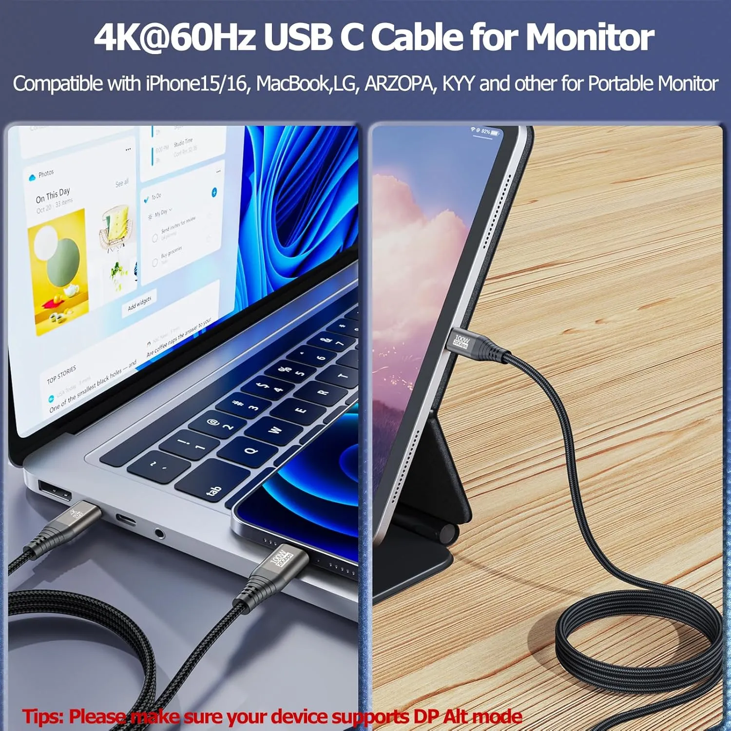 USB C Monitor Display Cable 10FT, USBC Video Cord 4K@60Hz, USB C 3.2 Gen 2X2 Data Cable 20Gbps, USBC 100W Fast Charging for VR,Smartphone,Laptop,iPad, ARZOPA,KYY, Portable Monitor, LG