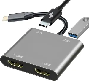 USB C to Dual HDMI Adapter for Monitor, USBC Laptop Docking Station Dual Monitor Dongle MacBook, USB-C Hub Powered Mac, USB 3.0 to USB C Adapter Cable with Fast Charging Chromebook, Type C Dock