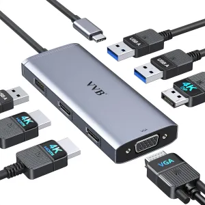 USB C to Dual HDMI Adapter,USB C Docking Station Dual Monitor Adapter for Dell/HP/Lenovo Laptop,iPhone 15,USB C Hub Dongle Multi Monitors Adapter with 2 HDMI Ports Displayport DP Port VGA 3 USB
