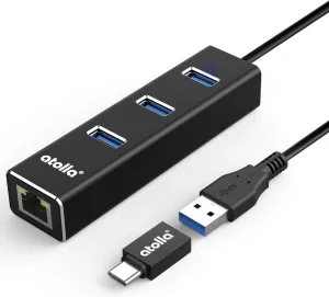 USB C to Ethernet Adapter 3-Port USB 3.0 Hub - 1000Mbps Gigabit RJ45 LAN Port, Driver-Free Aluminum Heat Dissipation for MacBook Pro/Dell XPS/Surface Laptop