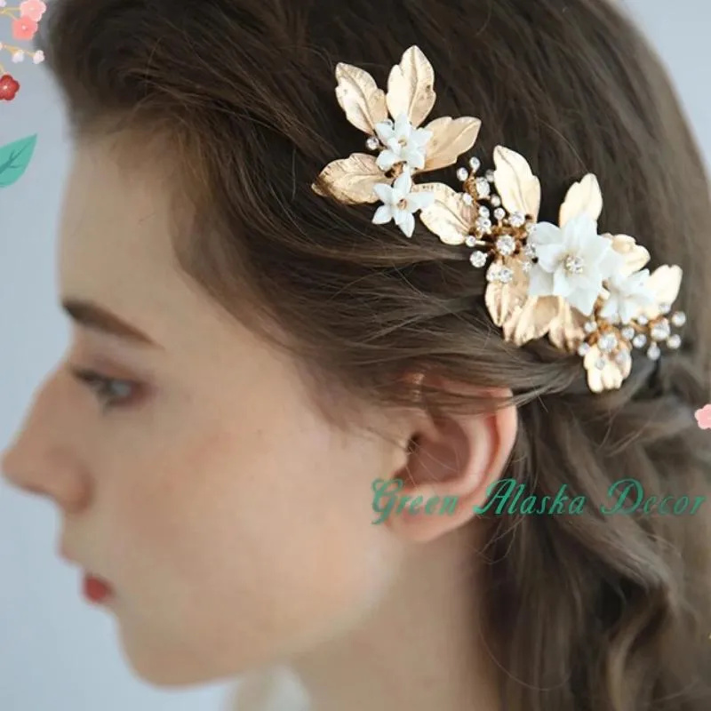 V141. gold white clay flowers hair comb hair pins for wedding brides bridesmaids