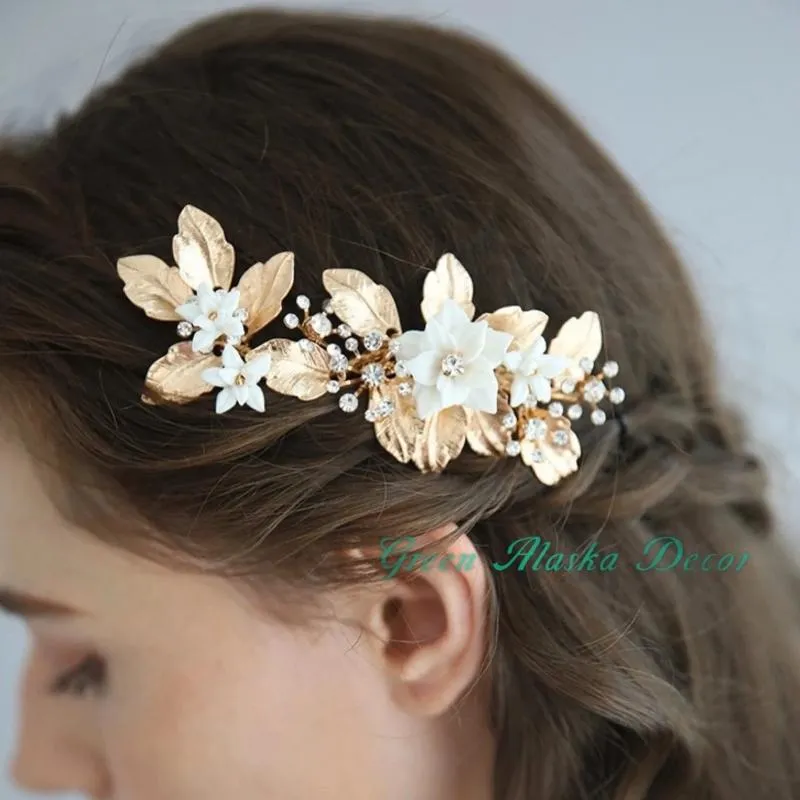 V141. gold white clay flowers hair comb hair pins for wedding brides bridesmaids