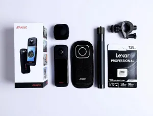 V2-360 Action Camera Kit with 3.0" Touchscreen-5.7K 360 Video, 1/2" 48MP Sensors, 72MP 360 Photo, Multi-Platform 4K 360 HDR Live Streaming, Stabilization, AI Editing