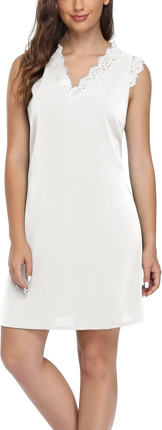 VIISHOW Womens V Neck Lace Trim Tank Dress Sleeveless Fashion Summer Casual A Line T Shirt Mini Dress
