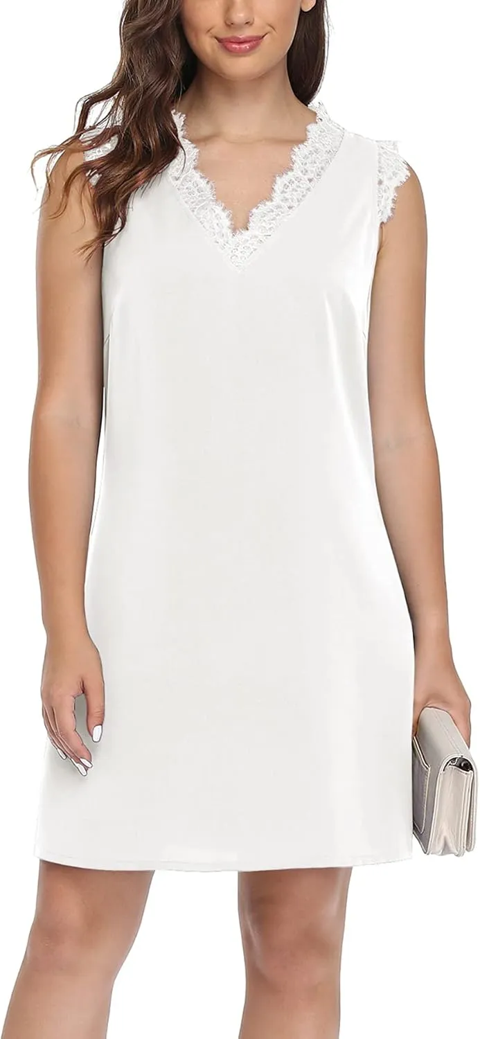 VIISHOW Womens V Neck Lace Trim Tank Dress Sleeveless Fashion Summer Casual A Line T Shirt Mini Dress