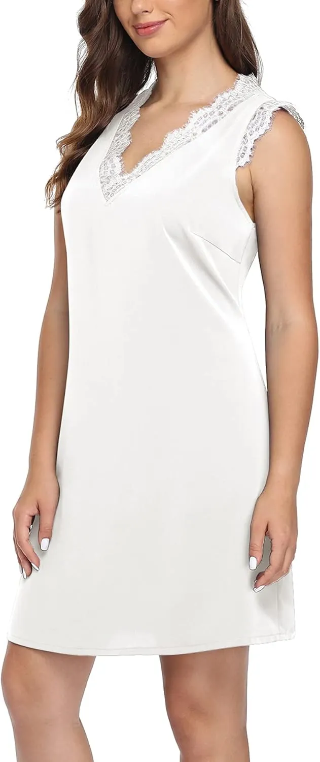 VIISHOW Womens V Neck Lace Trim Tank Dress Sleeveless Fashion Summer Casual A Line T Shirt Mini Dress