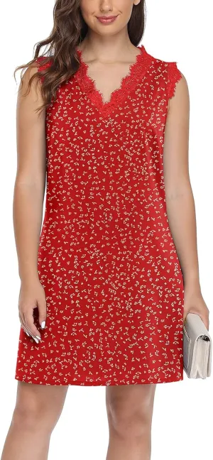 VIISHOW Womens V Neck Lace Trim Tank Dress Sleeveless Fashion Summer Casual A Line T Shirt Mini Dress