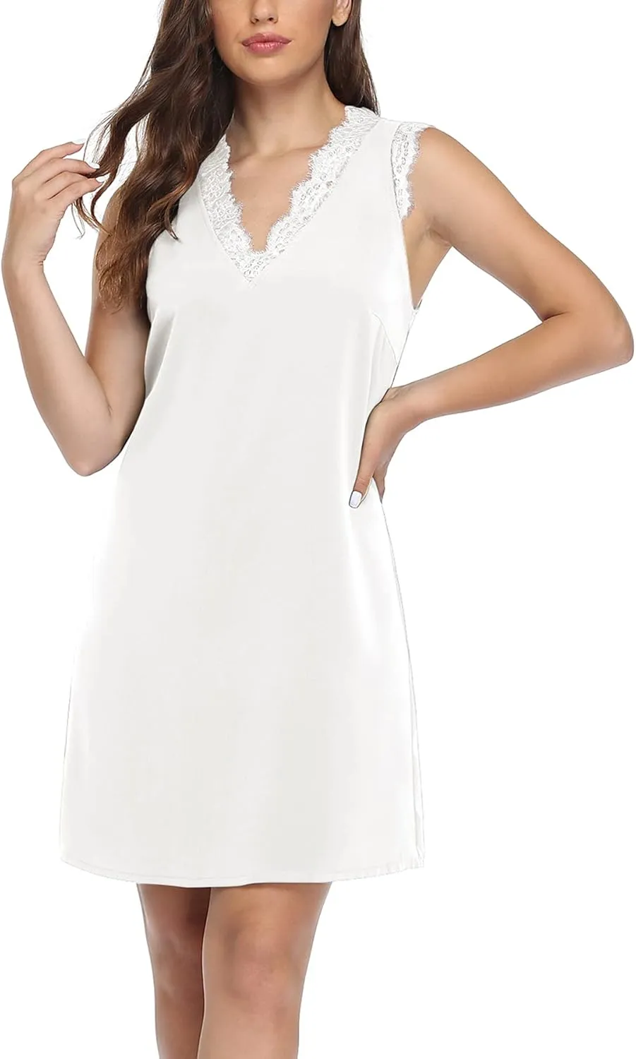 VIISHOW Womens V Neck Lace Trim Tank Dress Sleeveless Fashion Summer Casual A Line T Shirt Mini Dress