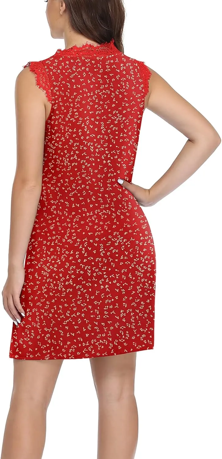 VIISHOW Womens V Neck Lace Trim Tank Dress Sleeveless Fashion Summer Casual A Line T Shirt Mini Dress