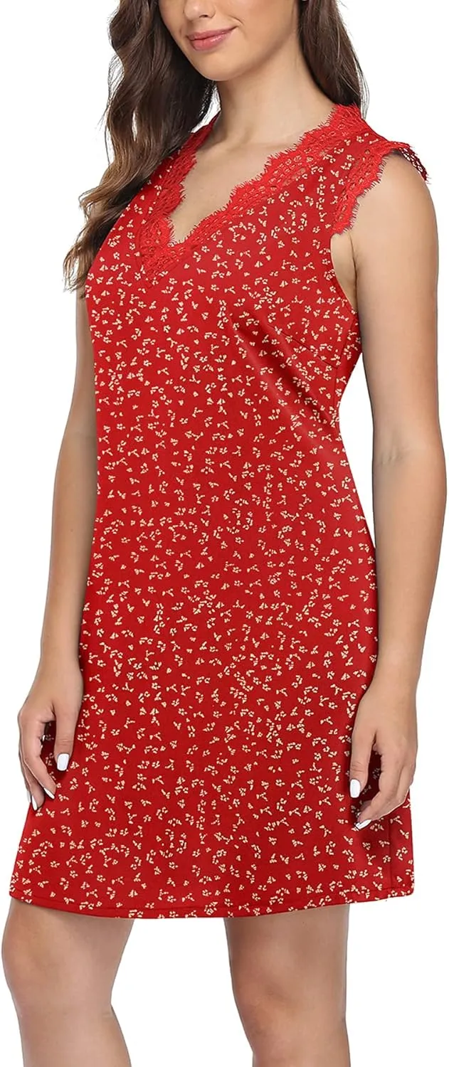 VIISHOW Womens V Neck Lace Trim Tank Dress Sleeveless Fashion Summer Casual A Line T Shirt Mini Dress