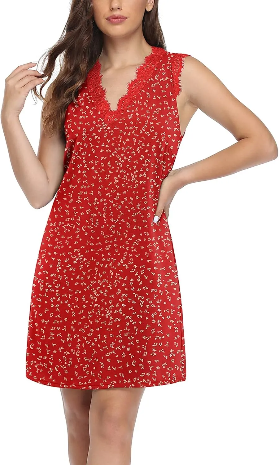 VIISHOW Womens V Neck Lace Trim Tank Dress Sleeveless Fashion Summer Casual A Line T Shirt Mini Dress