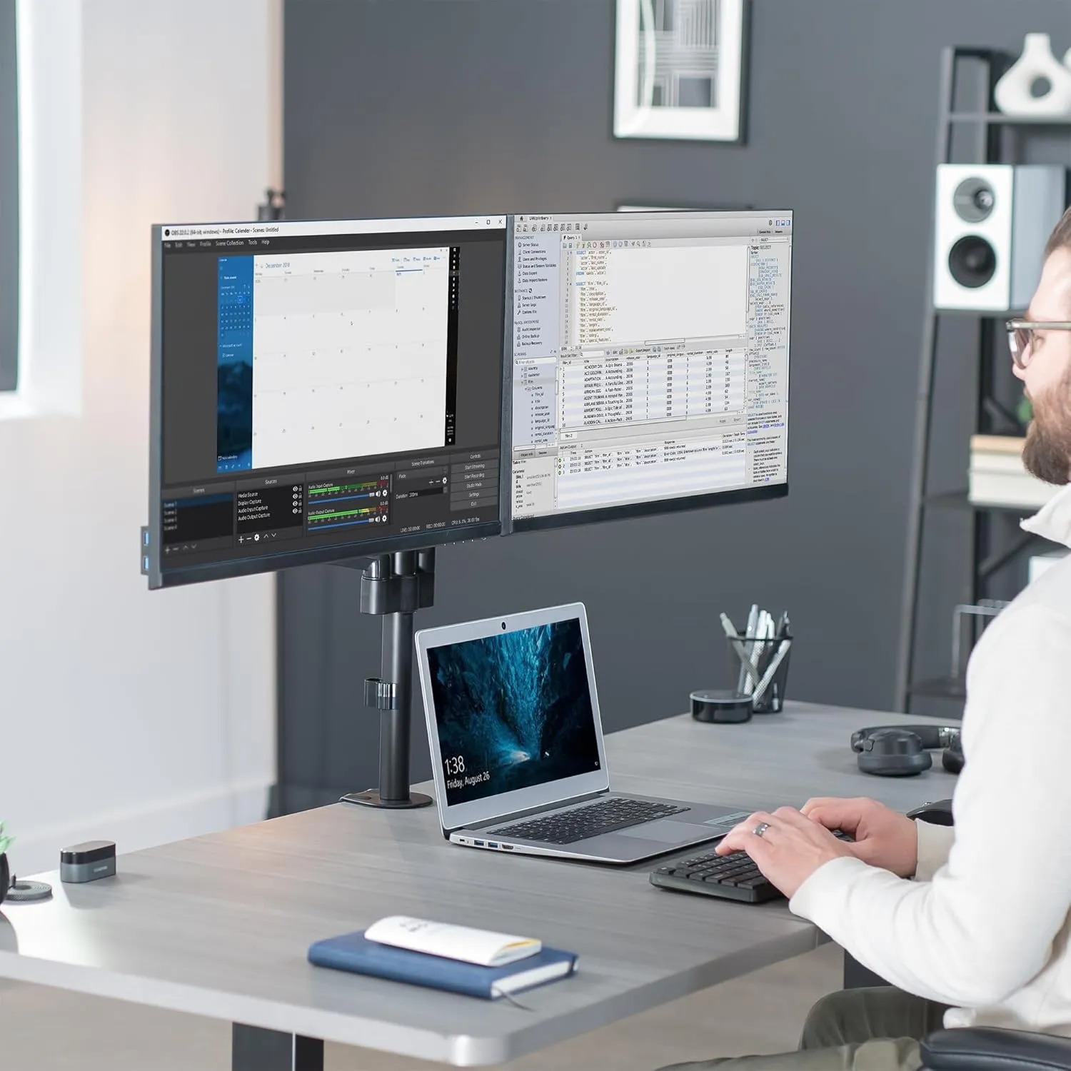 VIVO 17 to 32 inch Dual Pneumatic Monitor Mount, 2 Pneumatic Arms, Adjustable Swivel, Rotation, Heavy Duty VESA Desk Stand with C-clamp, Grommet, Max VESA 100x100, Black, STAND-V002K