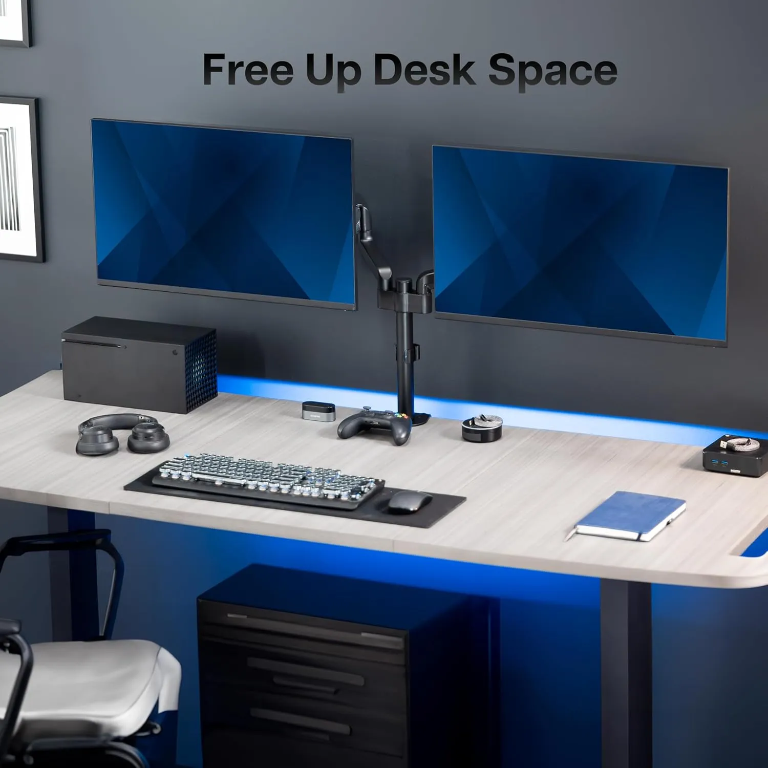 VIVO 17 to 32 inch Dual Pneumatic Monitor Mount, 2 Pneumatic Arms, Adjustable Swivel, Rotation, Heavy Duty VESA Desk Stand with C-clamp, Grommet, Max VESA 100x100, Black, STAND-V002K