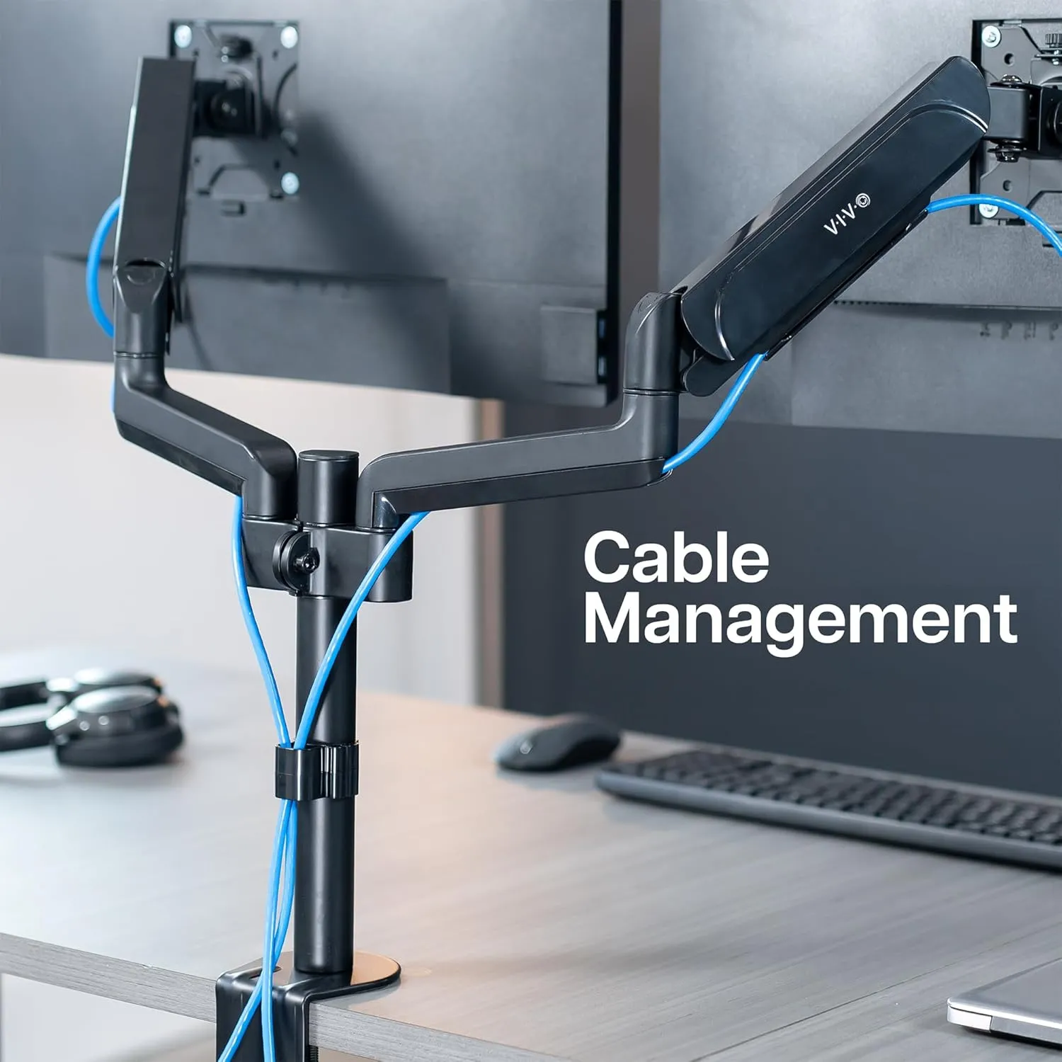 VIVO 17 to 32 inch Dual Pneumatic Monitor Mount, 2 Pneumatic Arms, Adjustable Swivel, Rotation, Heavy Duty VESA Desk Stand with C-clamp, Grommet, Max VESA 100x100, Black, STAND-V002K