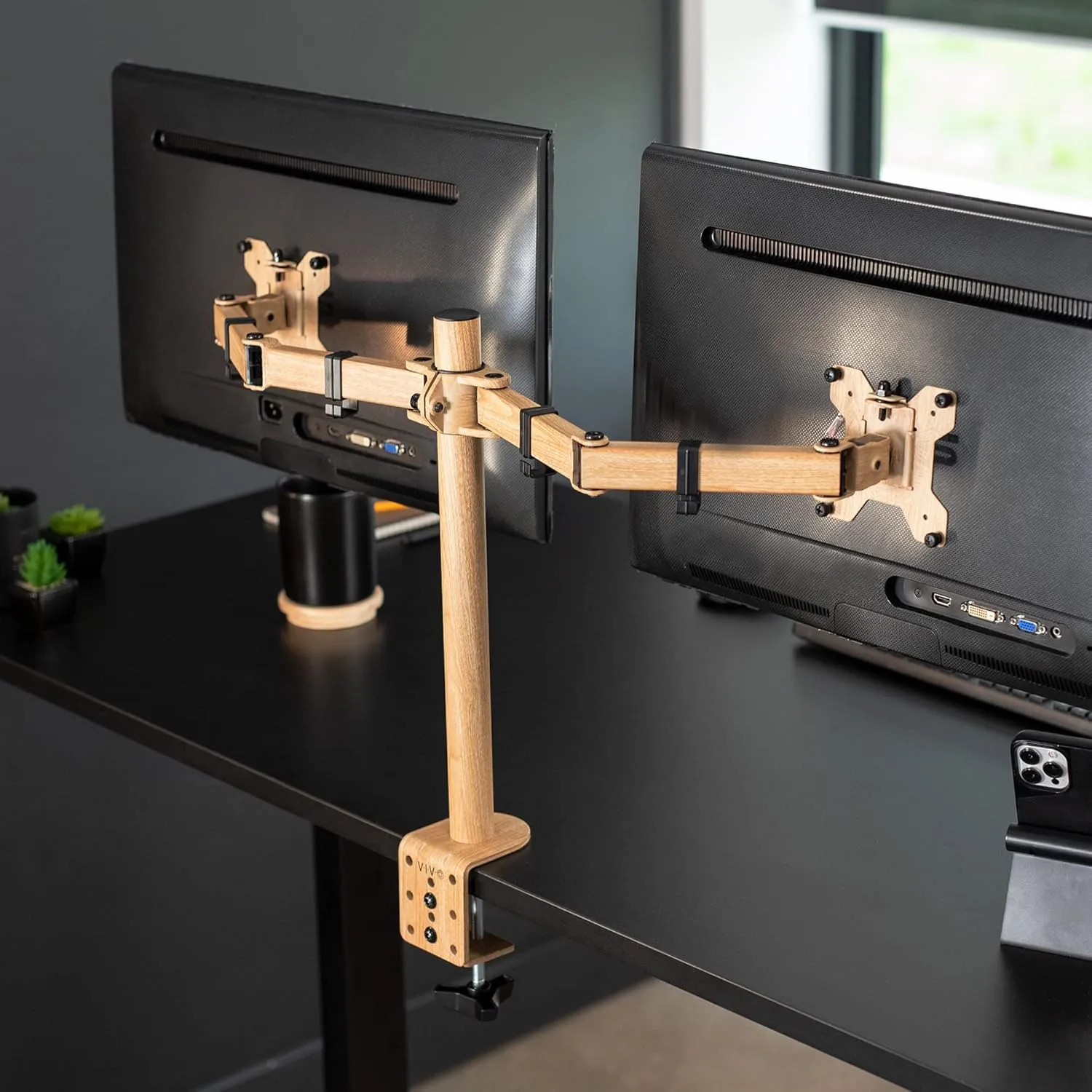 VIVO Dual Monitor Desk Mount, Heavy Duty Fully Adjustable Steel Stand, Holds 2 Computer Screens up to 30 inches and Max 22lbs Each, Light Wood Color, STAND-V002-WD