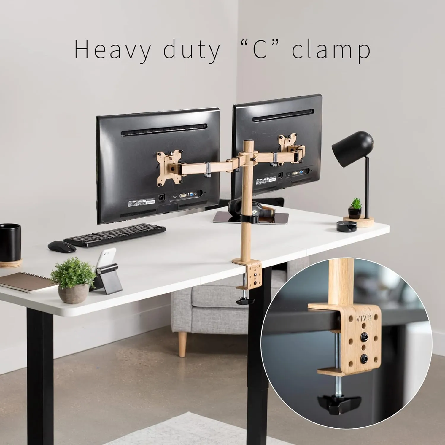 VIVO Dual Monitor Desk Mount, Heavy Duty Fully Adjustable Steel Stand, Holds 2 Computer Screens up to 30 inches and Max 22lbs Each, Light Wood Color, STAND-V002-WD