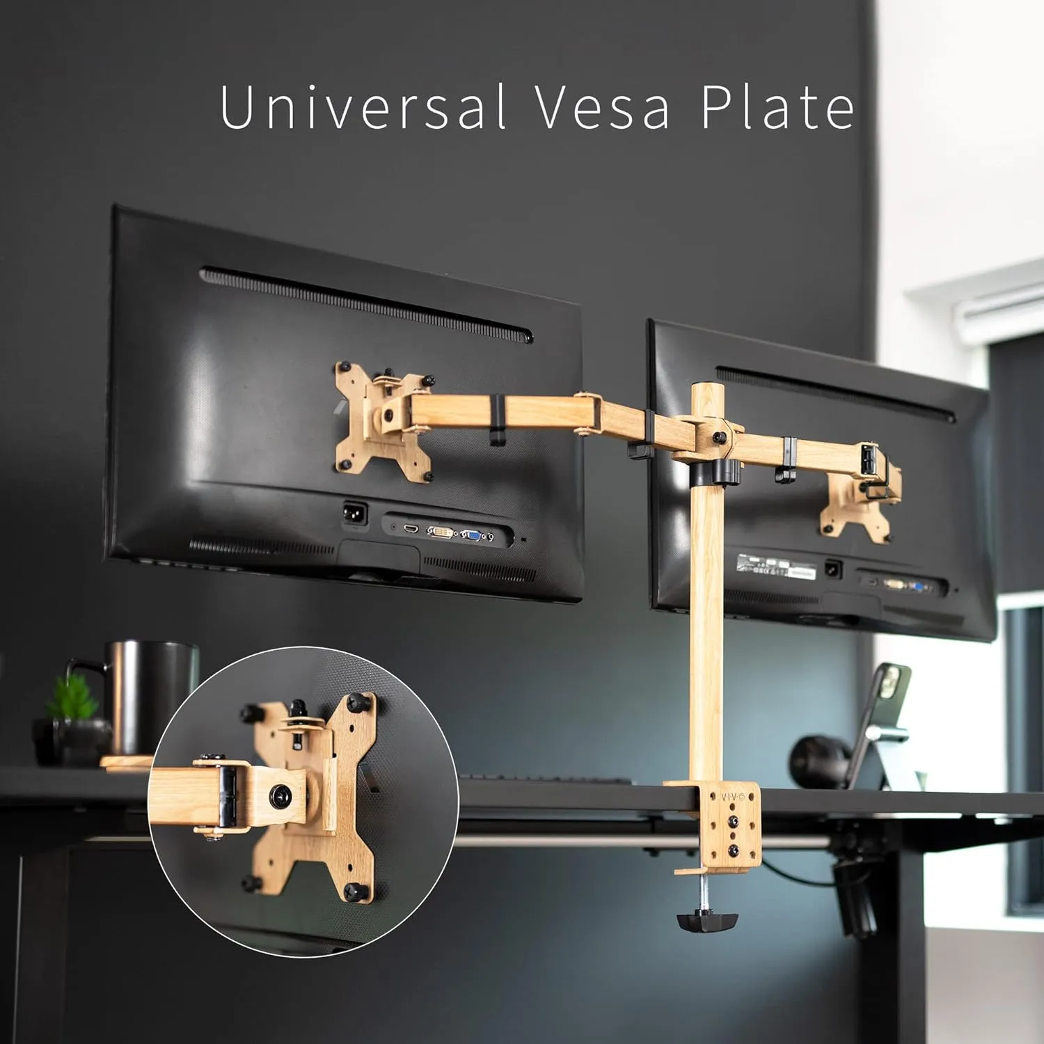 VIVO Dual Monitor Desk Mount, Heavy Duty Fully Adjustable Steel Stand, Holds 2 Computer Screens up to 30 inches and Max 22lbs Each, Light Wood Color, STAND-V002-WD