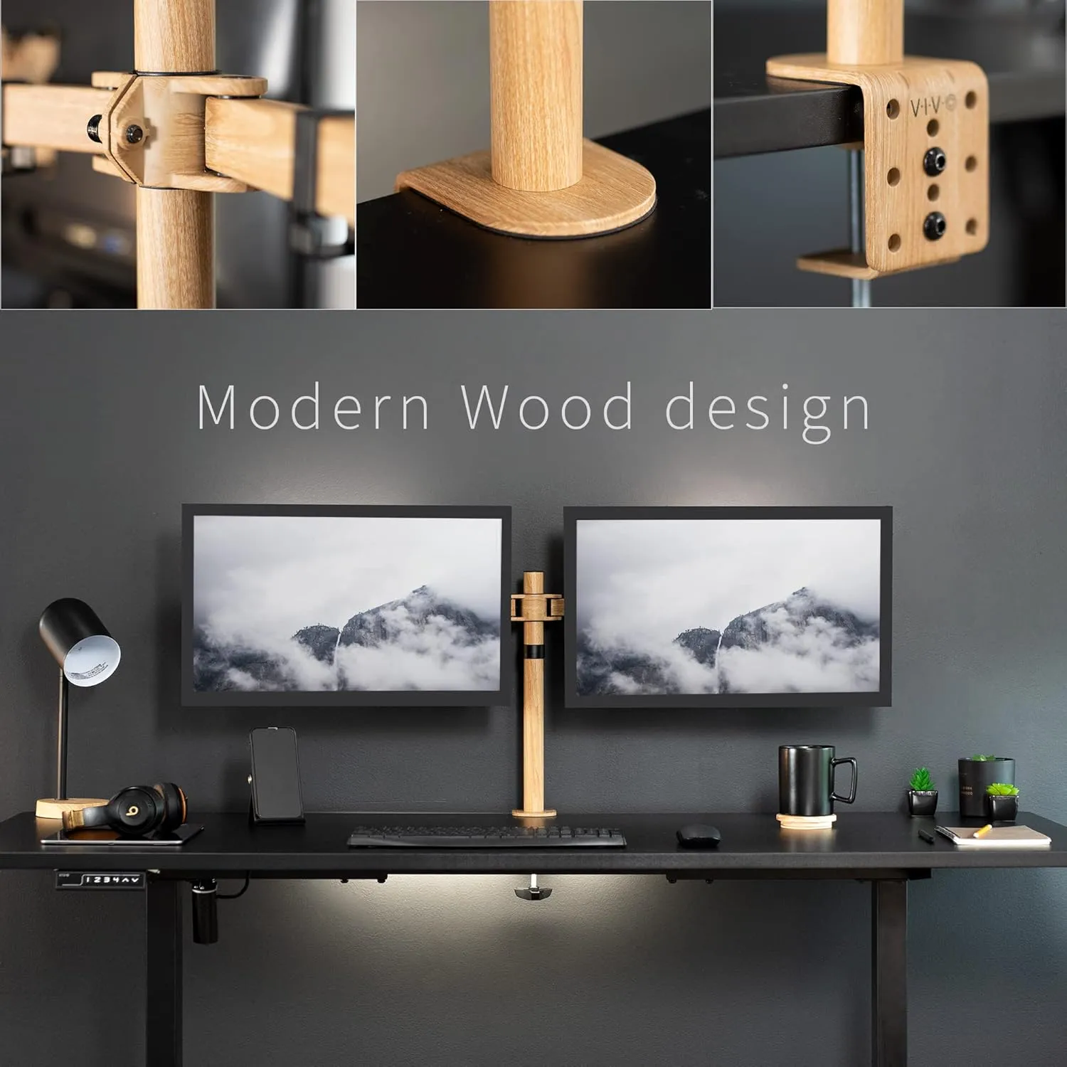 VIVO Dual Monitor Desk Mount, Heavy Duty Fully Adjustable Steel Stand, Holds 2 Computer Screens up to 30 inches and Max 22lbs Each, Light Wood Color, STAND-V002-WD