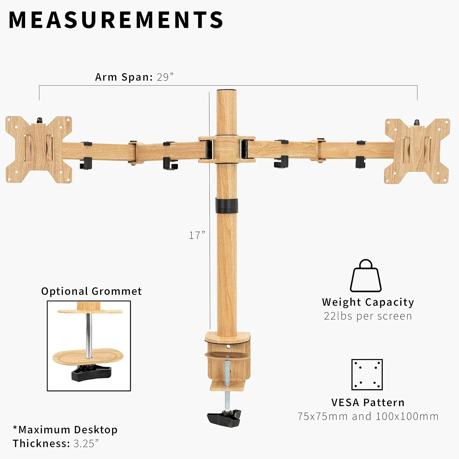 VIVO Dual Monitor Desk Mount, Heavy Duty Fully Adjustable Steel Stand, Holds 2 Computer Screens up to 30 inches and Max 22lbs Each, Light Wood Color, STAND-V002-WD