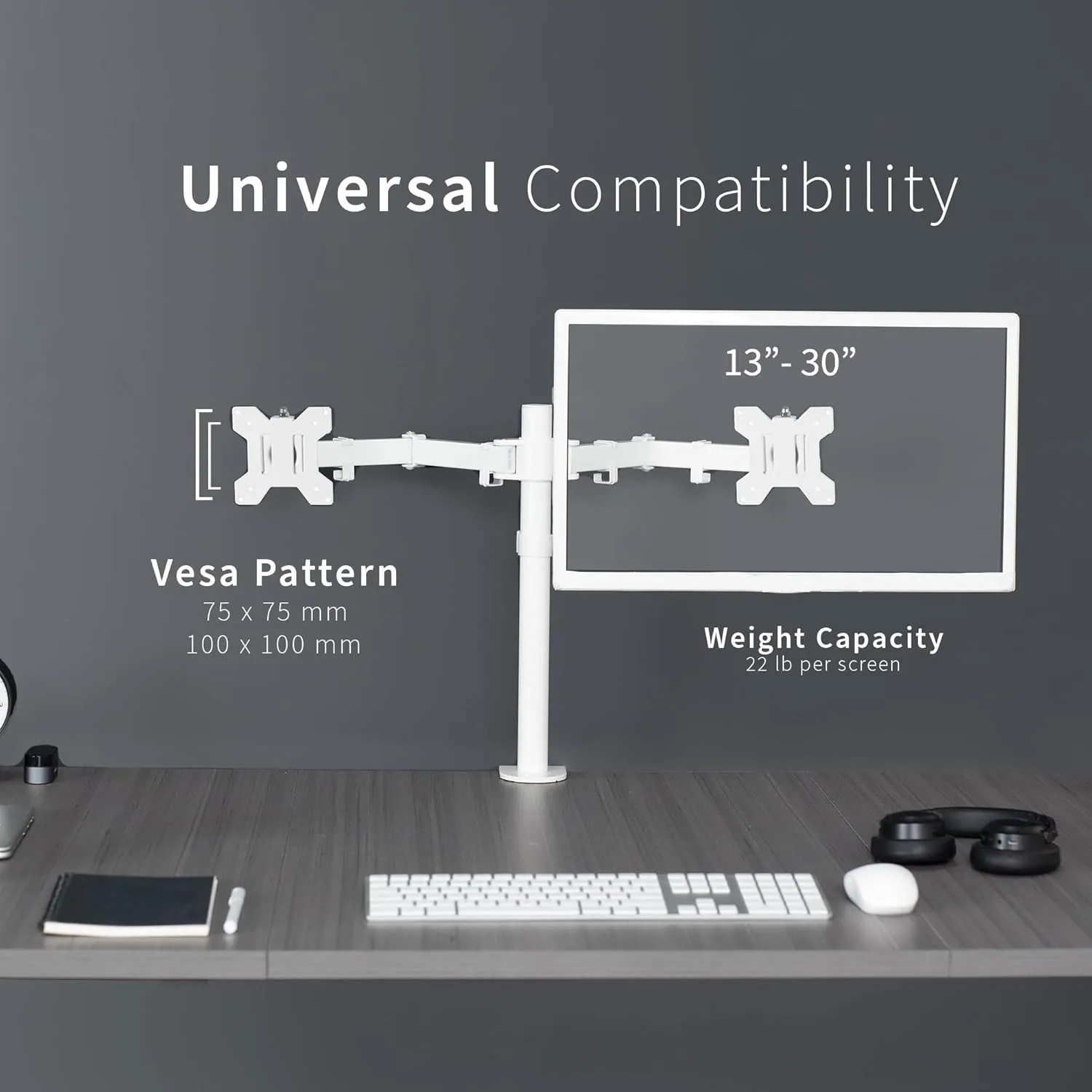 VIVO Dual Monitor Desk Mount, Heavy Duty Fully Adjustable Steel Stand, Holds 2 Computer Screens up to 30 inches and Max 22lbs Each, White, STAND-V002W