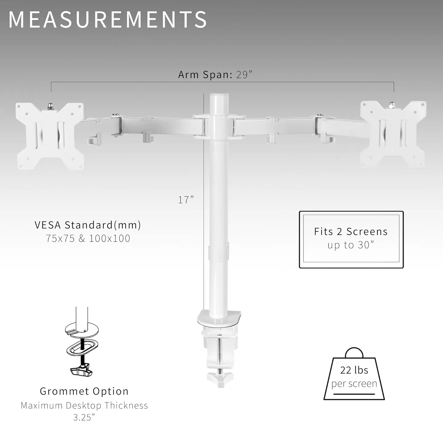 VIVO Dual Monitor Desk Mount, Heavy Duty Fully Adjustable Steel Stand, Holds 2 Computer Screens up to 30 inches and Max 22lbs Each, White, STAND-V002W