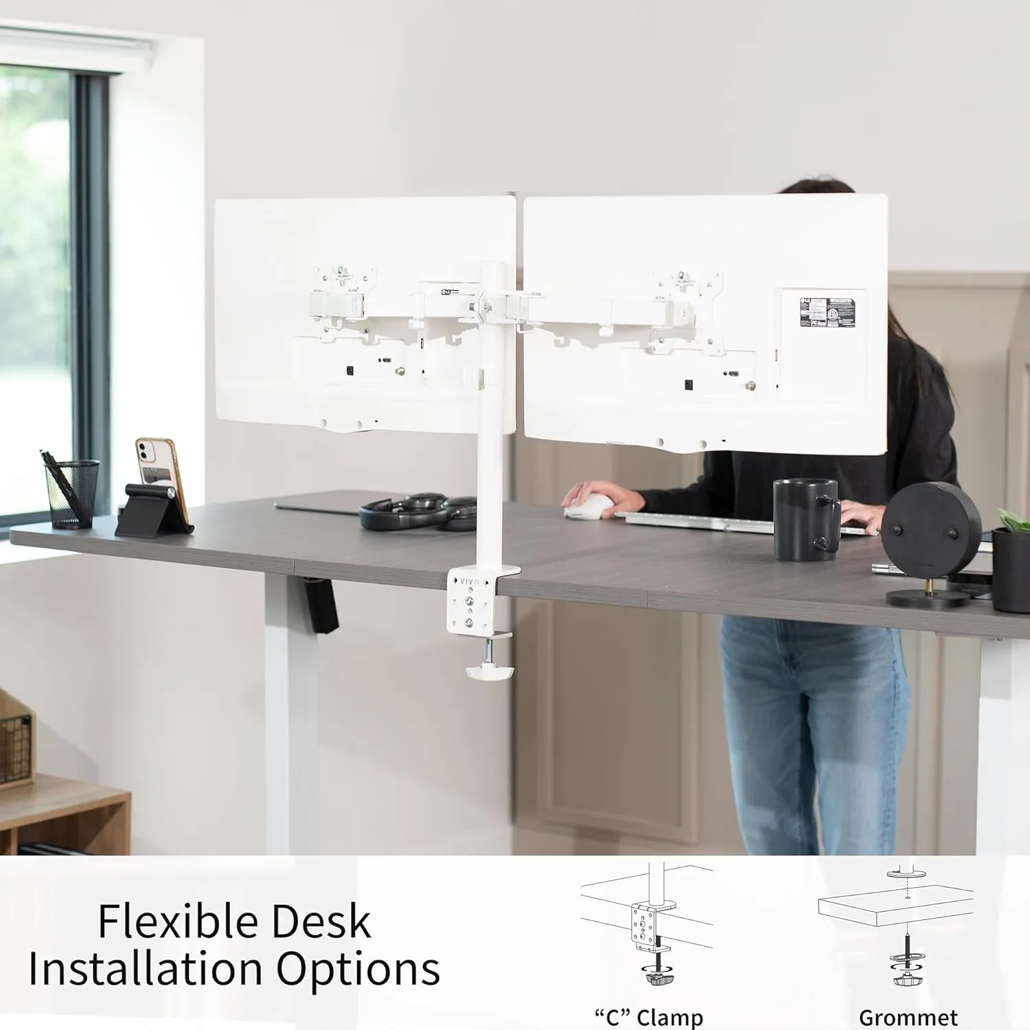 VIVO Dual Monitor Desk Mount, Heavy Duty Fully Adjustable Steel Stand, Holds 2 Computer Screens up to 30 inches and Max 22lbs Each, White, STAND-V002W