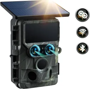 VOOPEAK 2025 Updated Trail Camera Solar Powered, Starlight Night Vision Dual Lens 60MP 4K 30FPS WiFi Bluetooth Game Hunting Cameras with IMX458 Sensors 0.1S Trigger for Outdoor Wildlife Monitoring