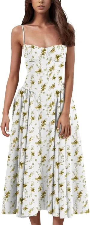 Wedding Guest Dresses for Women Elegant Spaghetti Strap Midi Dress Flowy Pleated Hem Low Cut Prom Dresses